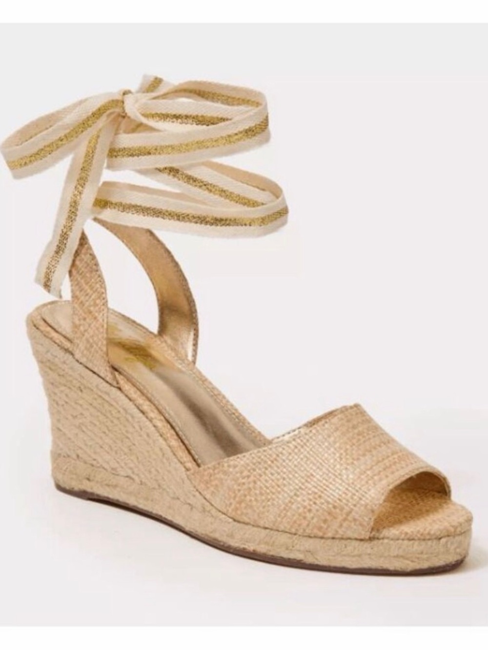 Lilly Pulitzer Gold Espadrille Wedge Sandals Coastal Resort Boho Size 8.5